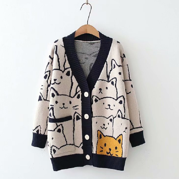 

fashion cartoon v-ne cardigan sweater women 2021 autumn winter new cute cat retro professional long-sleeved knitted coat, Black