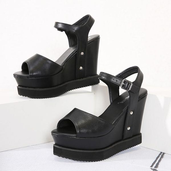 

sandals ribetrini brand female solid buckle peep toe platform women wedges cool fashion punk gothic shoes woman, Black