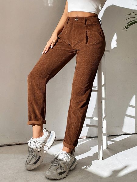 

petite high waist slant pockets corduroy pants v0dp#, Black;white