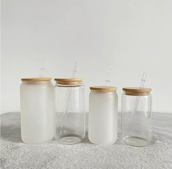 

16oz 500ml sublimation glass tumbler beer mugs with bamboo lid reusable glasses straw soda can transparent frosted tumbler blanks