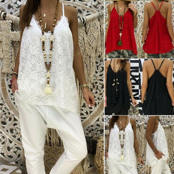 

women's blouses & shirts casual loose women lady lace backless v neck cami sleeveless tank blouse shirt, White