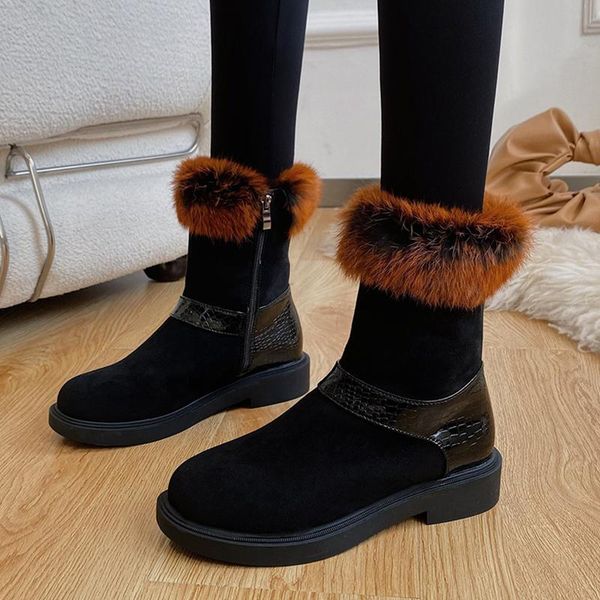 

boots rimocy women's warm fur snow 2021 fashion patchwork low heels winter shoes woman short plush zipper ankle female, Black