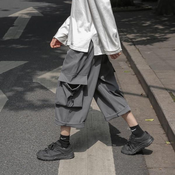 

loose pants mens summer straight solid color cropped pants casual japan style vintage outdoor ropa para hombre shorts eb50dk, White;black