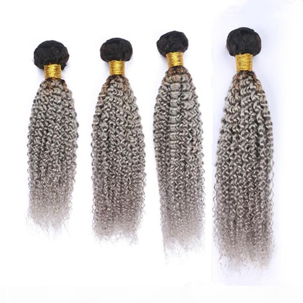 

#1b grey ombre virgin brazilian kinky curly human hair bundle deals 4pcs ombre silver grey human hair weaves curly weft extensions, Black