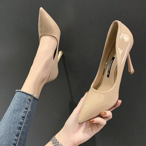 

dress shoes 2021 spring and autumn ladies stiletto heels fashion all-match pointed patent leather single, Black