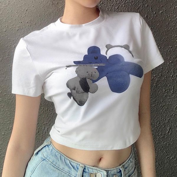 

cute bear printed crop 2021 summer o-neck short sleevees casual women t-shirt streetwear sweet girls y2k white short shirts