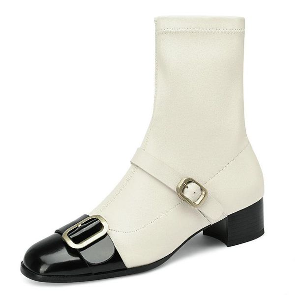 

boots genuine leather square toe med heels ladies concise mixed colors women's ankle wedding party shoes woman, Black