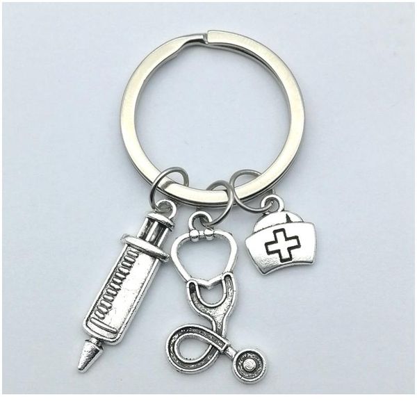 

1pc vintage doctor medical keychain stethoscope syringe ambulance pendant keyring for nurse creative gift jewelry acc jlllyq, Slivery;golden