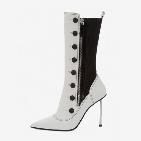 

boots genuine leather mixed color women ankle pointed toe 10cm high heel button decor elastic botas mujer1, Black