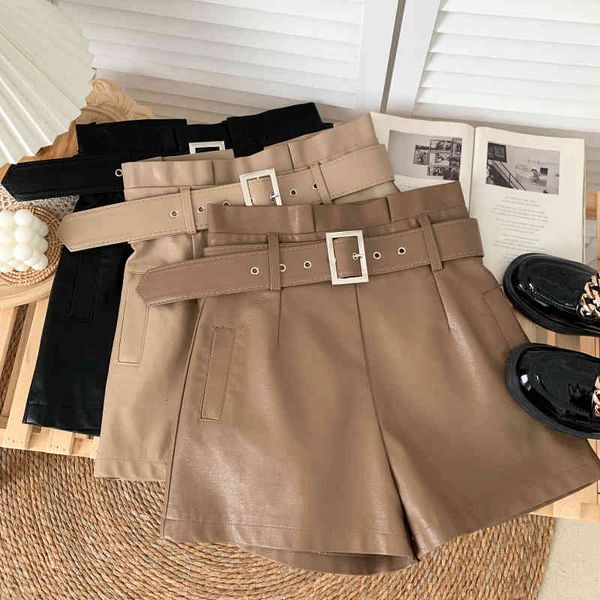 

women's shorts autumn and winter leather shorts female korean version of high waist wide leg loose a word pu soft 6l2l, White;black