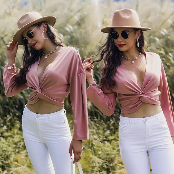 

bottomed shirt women spring and summer new cross dew navel v-neck long sleeve design t-shirt, White