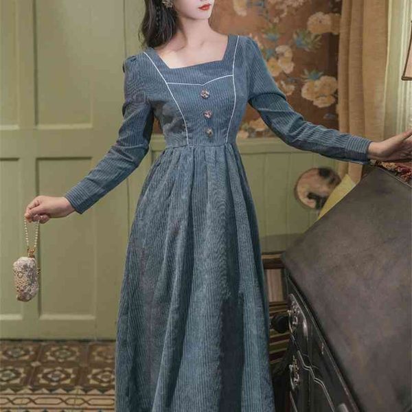 

vintage corduroy dresses woman gray blue high waist maxi vestidos evening party elegant long-sleeve dress female clothing 210603, Black;gray