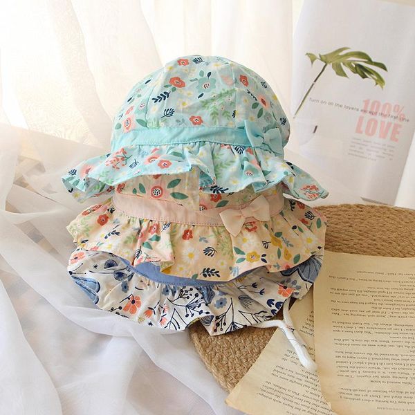 

cute summer baby hat flower printed kids girl bucket cap soft cotton bows thin children toddler beach sun hat, Yellow