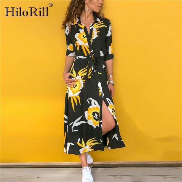 

hilorill long dress women floral print summer beach dresses bohemian long sleeve vintage holiday party dress vestidos de fiesta 210309, Black;gray