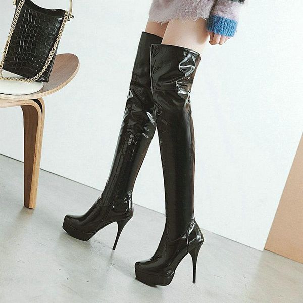 

boots patent pu leather women over the knee fashion platform thin heel long side zipper winter big size, Black
