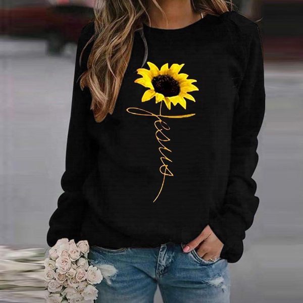

2021 hoodies women's oversized pullover casual long sleeve sunflower print fashion winter autumn streetwear female sweatshirt, Black