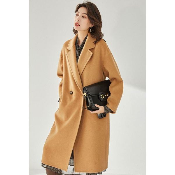 

women's wool & blends cashmere coat 2021 spring autumn loose medium length double-breasted trench urban casual lapel solid dropped shou, Black