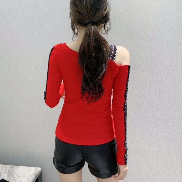 

2021 new autumn winter korean style t-shirt fashion skew collar off shoulder shiny diamonds women ropa mujer cotton tee t08513l 0e, White