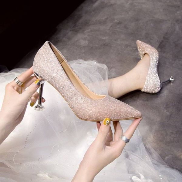 

luxury dress shoes spring 2021 high thin heels, pointed bridal wedding drs single versatile women's sho, summer, Black
