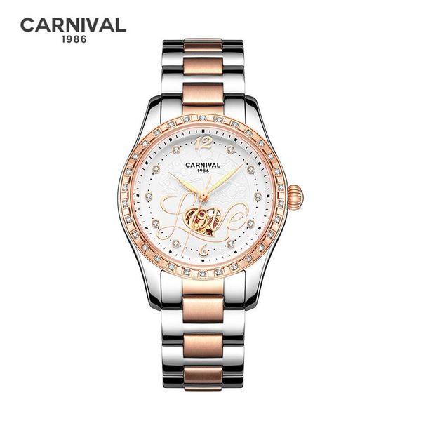 Relógios de pulso na Suíça Carnaval Automático Mecânica Women's Women's Skeleton Diamond Diamond à prova d'água Moda Relógios C8976L