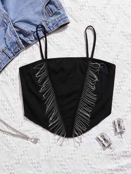 

fringe detail asymmetrical hem crop cami o7bs#, White