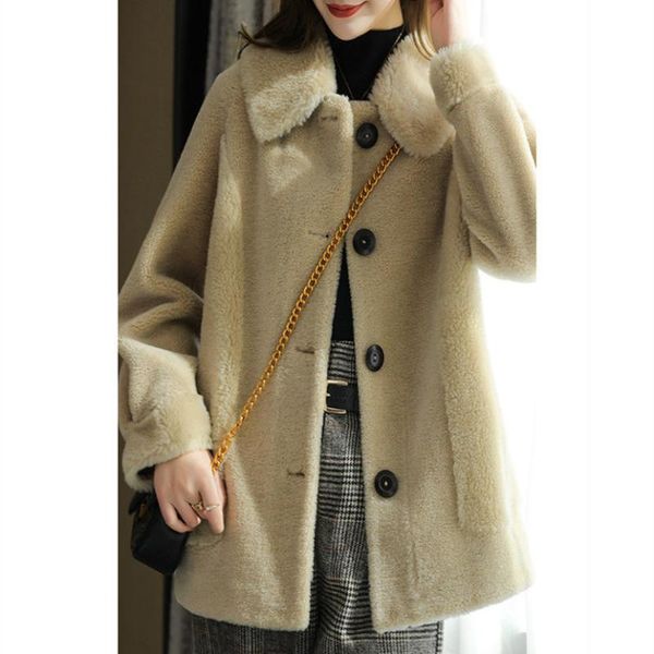

women's fur & faux wool lamb thick coat for women 2021 winter korean style collar middle-aged and elderly mothers, Black