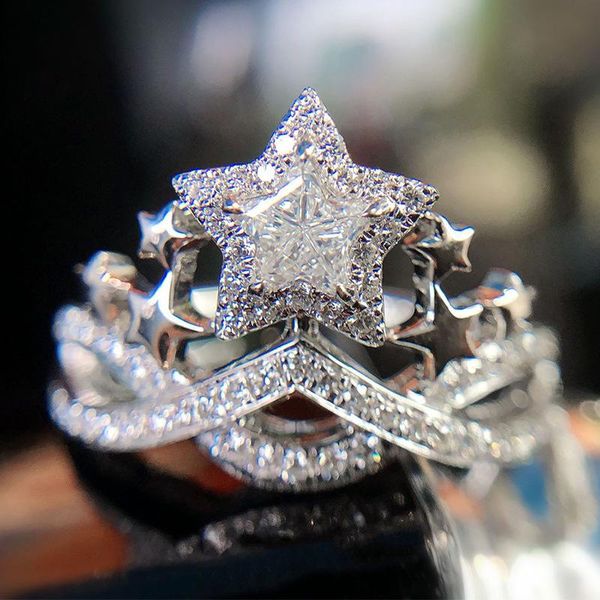 

wedding rings luxury imitation zircon five-pointed star ring super flashing crown shape hand jewelry for women bride engagement gifts, Slivery;golden
