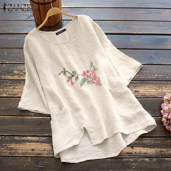 

2021 summer floral embroidery cotton linen blouse zanzea women vintage short sleeve shirt tunic female chemise blusas s 5xl, White