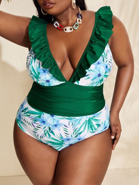 

plus floral print ruffle trim one piece swimsuit p3tq#, Black