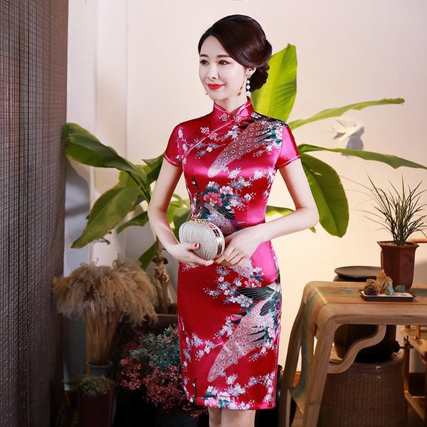 

ethnic clothing modern women's satin cheongsam, improved printing, daily banquet performance clothing, spring and summer, Red
