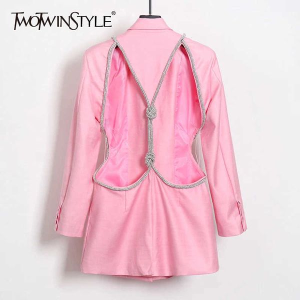 

twotyle backless diamond blazer female lapel collar long sleeve slim hollow out women's coat fashion 210930, White;black