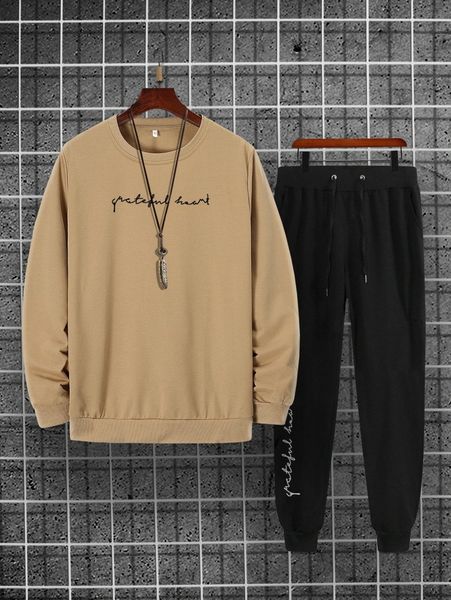

men letter graphic sweatshirt & drawstring waist letter graphic sweatpants r6ve#, Gray
