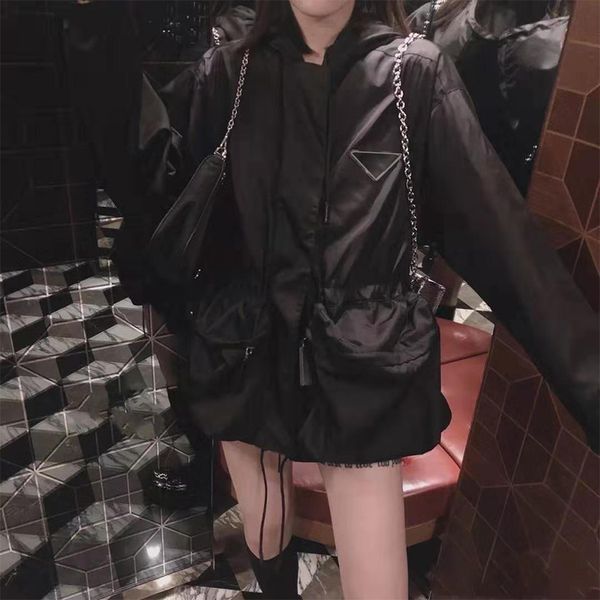 

women medium long hooded jacket fashion black windbreaker casual coat waist down clothing size s-xl, Black;brown