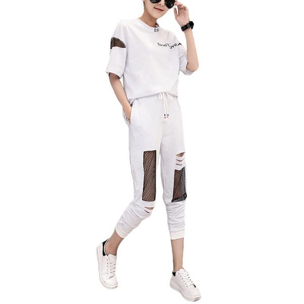 

women's tracksuits korean personality holes 2 piece sporting set womens 2021 summer o-neck print t-shirt+mesh pants two tracksuit sets, Gray