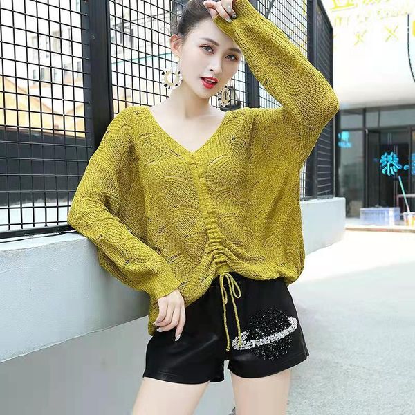 

women's sweaters fashion hollow knit sweater women drawstring v-neck blouse loose long-sleeved spring and autumn pullover casual top, White;black