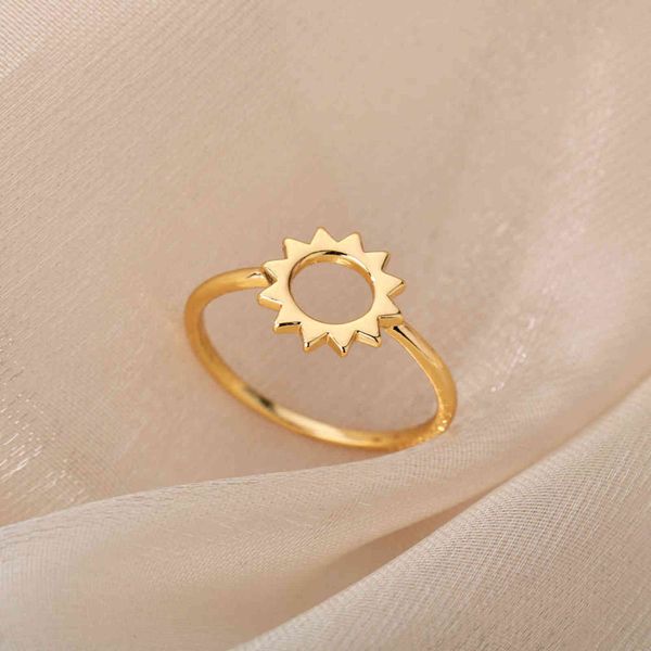 

minimalist hollow geometric sun rings for women stainless steel gold ring aesthetic wedding couple rings boho jewelry gift bague g1125, Slivery;golden