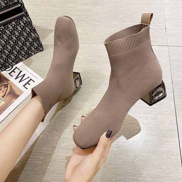 

boots tube elastic women socks rhinestone square heel ankle for high heels stretch fabric fashion soft short, Black