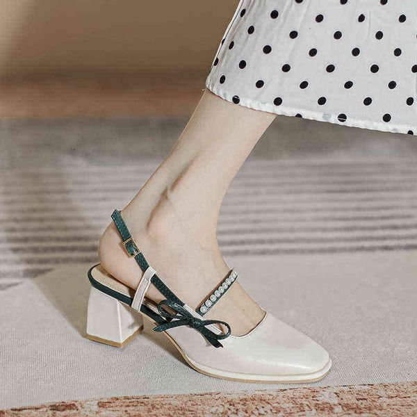 

kukubaotou sandal lady 2021 summer bow pearl square head fairy high heel mary jane thick single shoe