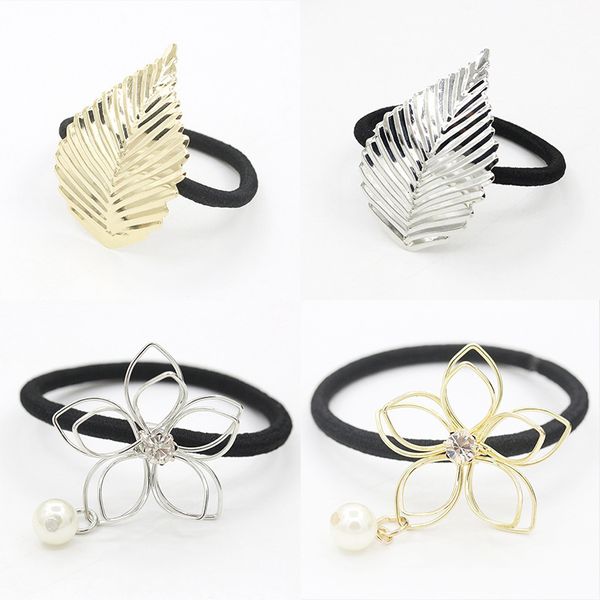 

ornament alloy leaf flower band hair rope headdress rubber band headband, Black