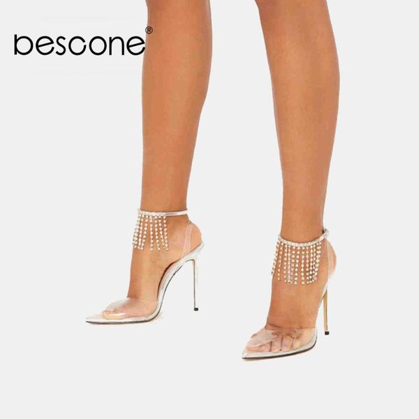 

bescone sandals woman transparent pvc clear upper shallow pointed toe v-shape crystal tassels decoration ankle strap shoes bm819, Black