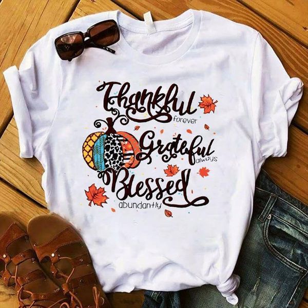 

pumpkin grateful blessed print women short sleeve tee clothes graphic, White