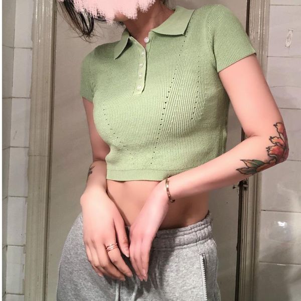 

women's knits & tees pure color collar casual all-match knit short-sleeved slim high-waist lapel western-style blouse women a656, White