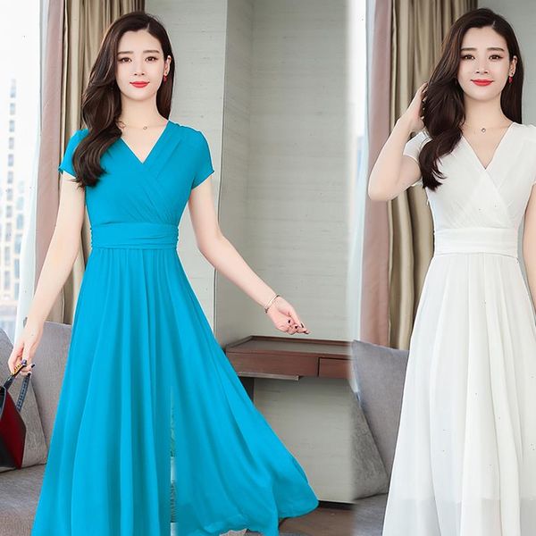 

2021 elegant solid chiffon boho midi dresses summer new vintage 4xl plus size beach maxi sundress women party vestidos, Black;gray