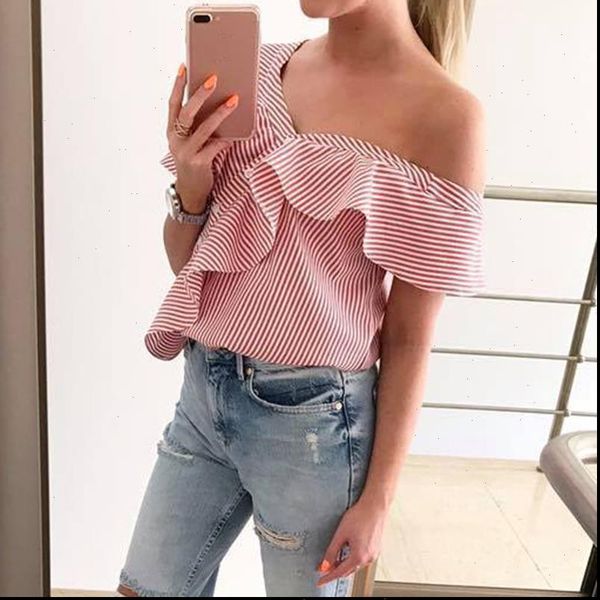 

womens fashion one shoulder button casual short sleeve ruffle frilled blouse casual lady summer stripe shirts new hot, White