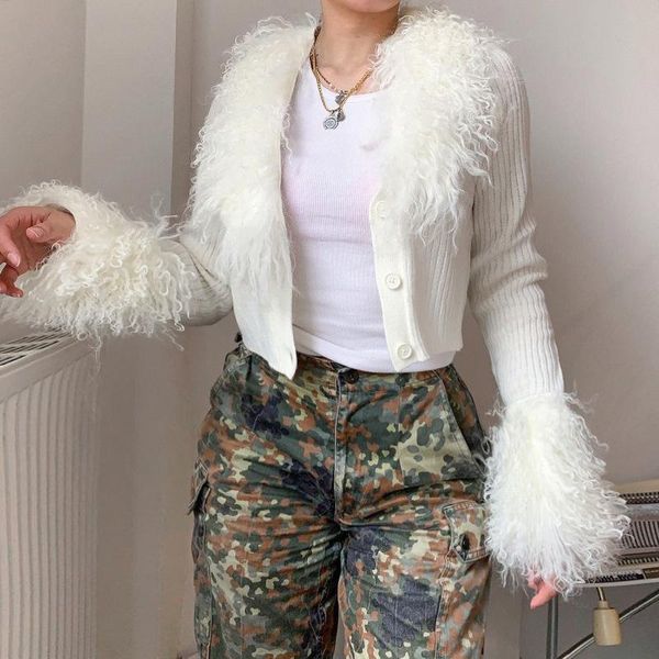 

women's knits & tees seasons white fuzzy cropped knitted cardigan fashion casual long sleeve sweaters women aesthetic streetwear knitwe
