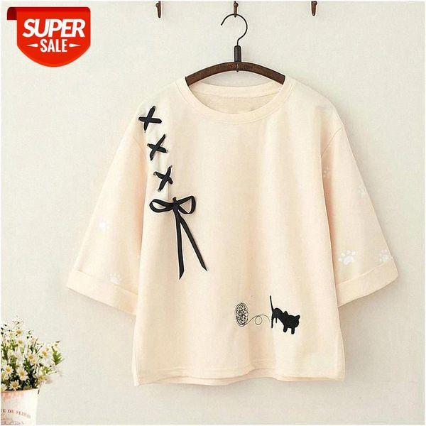 

Embroidery Tshirt O-neck Loose Kawaii Cat T-Shirts Womens Autumn Japan T Shirts Long Sleeve Harajuku Cute Tshirt Streetwear Girl #iN2w, White