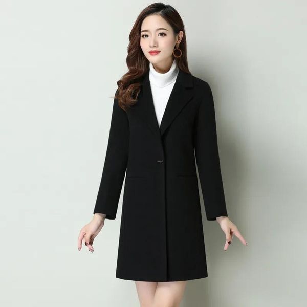 

women's wool & blends 2021 double-sided nylon coat mid-length suit collar slim fashion fleece woolen cloth, Black
