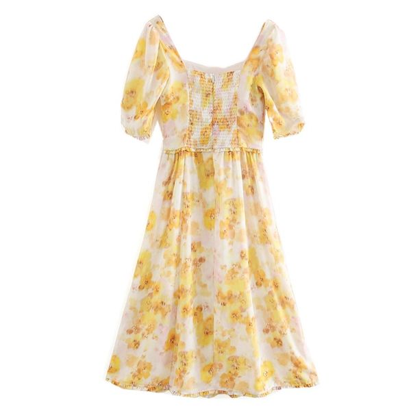 

holiday style square collar floral print ruffled midi dress bohemian puff sleeve elastic back woman dresses female clothes, Red