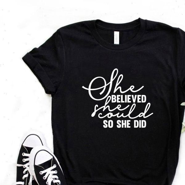 

women t shirt believed she could letter print women short sleeve o neck loose t shirt ladies causal tee shirt, White