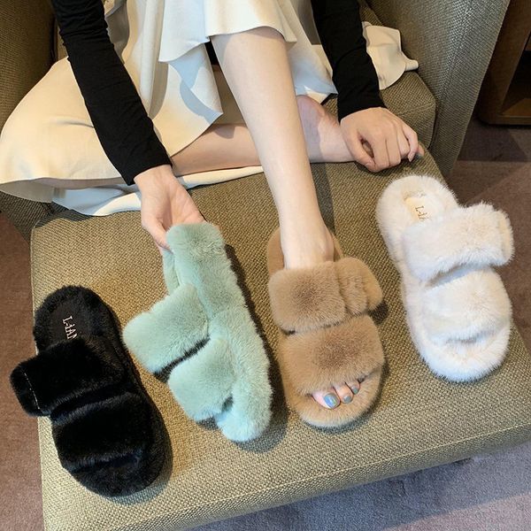 

house women fur slippers fashion cross band warm plush ladies fluffy shoes cozy open toe indoor fuzzy slides for girls, Black